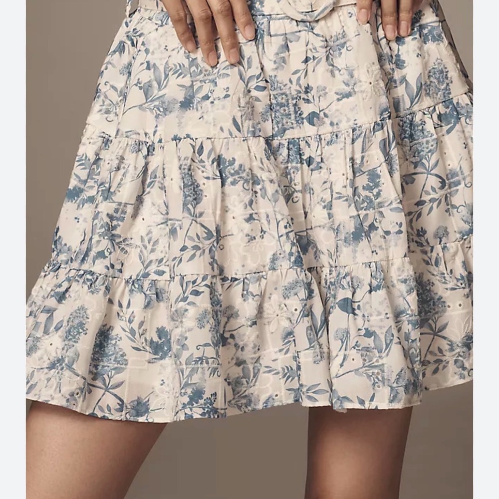 English Factory Anthropologie Floral Tiered Mini Skirt - Blue/White